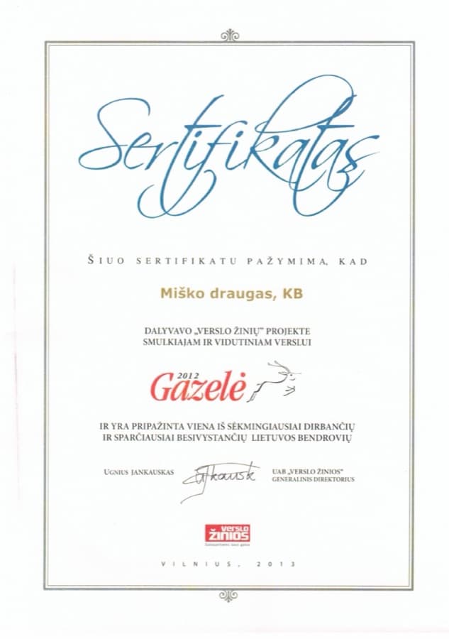„Verslo žinių“ „Gazelės“ apdovanojimo diplomas